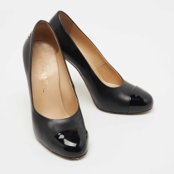 Pre Owned Chanel Black Patent and Leather Cap Toe Pumps Size 36.5