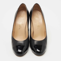 Pre Owned Chanel Black Patent and Leather Cap Toe Pumps Size 36.5