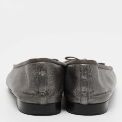 Chanel Metallic Grey Textured Leather CC Bow Ballet Flats Size 37