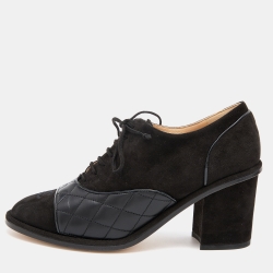 Chanel Black Suede and Leather CC Block Heel Oxford Booties Size 38.5