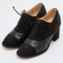 Chanel Black Suede and Leather CC Block Heel Oxford Booties Size 38.5