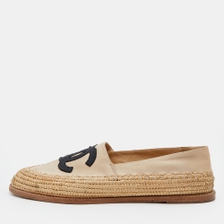 Pre Owned Chanel Beige/Black Satin and Woven Raffia CC Espadrille Flats Size 39