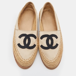 Pre Owned Chanel Beige/Black Satin and Woven Raffia CC Espadrille Flats Size 39