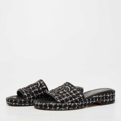Chanel Black Tweed CC Slide Sandals Size 39
