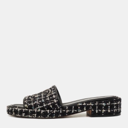 Chanel Black Tweed CC Slide Sandals Size 39