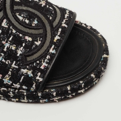 Chanel Black Tweed CC Slide Sandals Size 39