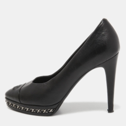 Pre Owned Chanel Black Leather Cap Toe Chain Platform Pumps Size 38