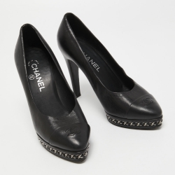 Pre Owned Chanel Black Leather Cap Toe Chain Platform Pumps Size 38