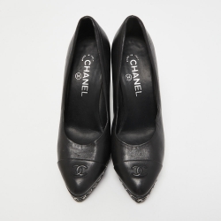 Pre Owned Chanel Black Leather Cap Toe Chain Platform Pumps Size 38