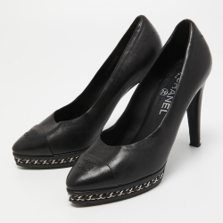 Pre Owned Chanel Black Leather Cap Toe Chain Platform Pumps Size 38