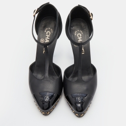Pre Owned Chanel Black Leather Chain Link CC Cap Toe T-Strap Platform Pumps Size 38.5