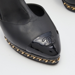 Pre Owned Chanel Black Leather Chain Link CC Cap Toe T-Strap Platform Pumps Size 38.5