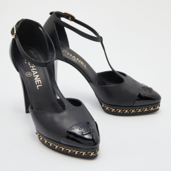 Pre Owned Chanel Black Leather Chain Link CC Cap Toe T-Strap Platform Pumps Size 38.5