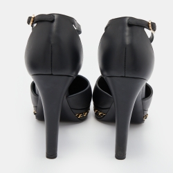 Pre Owned Chanel Black Leather Chain Link CC Cap Toe T-Strap Platform Pumps Size 38.5