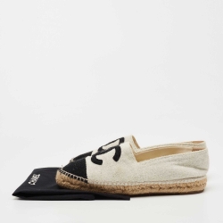 Pre Owned Chanel Black/Grey Tweed Cap Toe CC Espadrille Flats Size 38