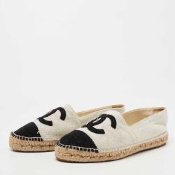 Pre Owned Chanel Black/Grey Tweed Cap Toe CC Espadrille Flats Size 38