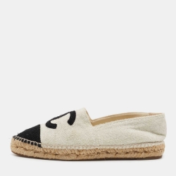 Pre Owned Chanel Black/Grey Tweed Cap Toe CC Espadrille Flats Size 38