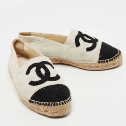 Pre Owned Chanel Black/Grey Tweed Cap Toe CC Espadrille Flats Size 38