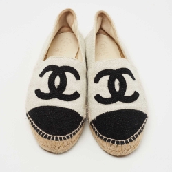 Pre Owned Chanel Black/Grey Tweed Cap Toe CC Espadrille Flats Size 38