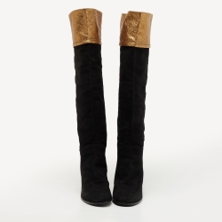 Chanel Black/Gold Suede and Leather Knee Length Boots Size 41