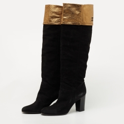 Chanel Black/Gold Suede and Leather Knee Length Boots Size 41