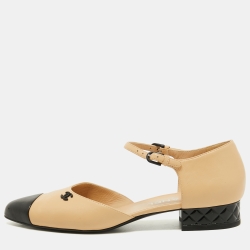 مملوكة مسبقًا Chanel Beige/Black Leather CC D'Orsay Ankle Strap Pumps Size 40