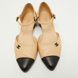 مملوكة مسبقًا Chanel Beige/Black Leather CC D'Orsay Ankle Strap Pumps Size 40