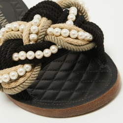 Pre Owned Chanel Black Woven Fabric Cuba Braid Pearl Flat Slides Size 39