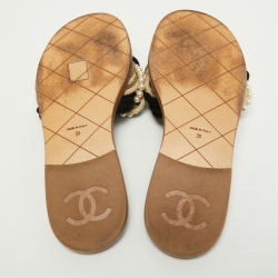 Pre Owned Chanel Black Woven Fabric Cuba Braid Pearl Flat Slides Size 39