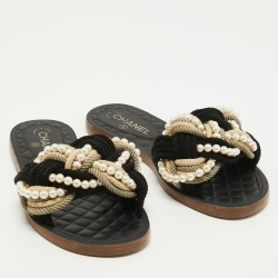 Pre Owned Chanel Black Woven Fabric Cuba Braid Pearl Flat Slides Size 39