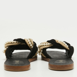 Pre Owned Chanel Black Woven Fabric Cuba Braid Pearl Flat Slides Size 39