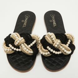 Pre Owned Chanel Black Woven Fabric Cuba Braid Pearl Flat Slides Size 39