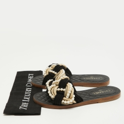 Pre Owned Chanel Black Woven Fabric Cuba Braid Pearl Flat Slides Size 39