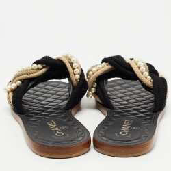 Chanel Black Woven Fabric Cuba Braid Pearl Flat Slides Size 39
