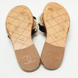 Chanel Black Woven Fabric Cuba Braid Pearl Flat Slides Size 39