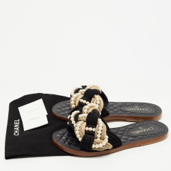Chanel Black Woven Fabric Cuba Braid Pearl Flat Slides Size 39