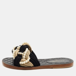 Chanel Black Woven Fabric Cuba Braid Pearl Flat Slides Size 39