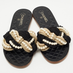 Chanel Black Woven Fabric Cuba Braid Pearl Flat Slides Size 39