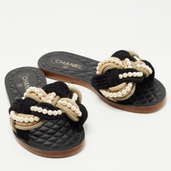 Chanel Black Woven Fabric Cuba Braid Pearl Flat Slides Size 39