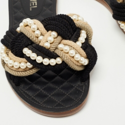 Chanel Black Woven Fabric Cuba Braid Pearl Flat Slides Size 39