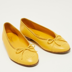 Pre Owned Chanel Yellow Leather CC Bow Ballet Flats Size 36.5
