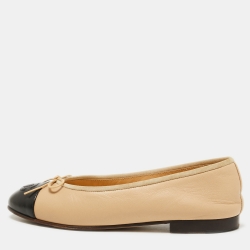 Pre Owned Chanel Beige/Black Leather CC Ballet Flats Size 36.5