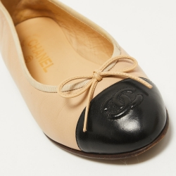 Pre Owned Chanel Beige/Black Leather CC Ballet Flats Size 36.5