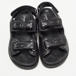 Chanel Black Leather Quilted CC Dad Sandals Size 38.5