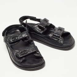 Chanel Black Leather Quilted CC Dad Sandals Size 38.5