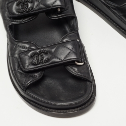 Chanel Black Leather Quilted CC Dad Sandals Size 38.5