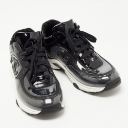 Pre Owned Chanel Black Leather and  PVC CC Lace Up Sneakers Size 38