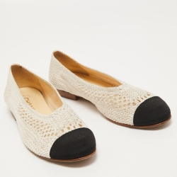 Chanel White/Black Crochet and Canvas CC Cap Toe Ballet Flats Size 39