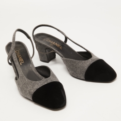 Chanel Grey/Black Velvet and Fur CC Block Heel Slingback Pumps Size 41