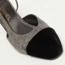 Chanel Grey/Black Velvet and Fur CC Block Heel Slingback Pumps Size 41